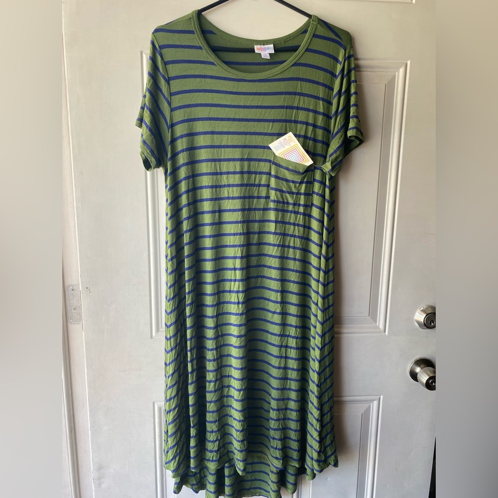 LuLaRoe Olive and Navy Striped Dress **small hole in back bottom of dress ** see